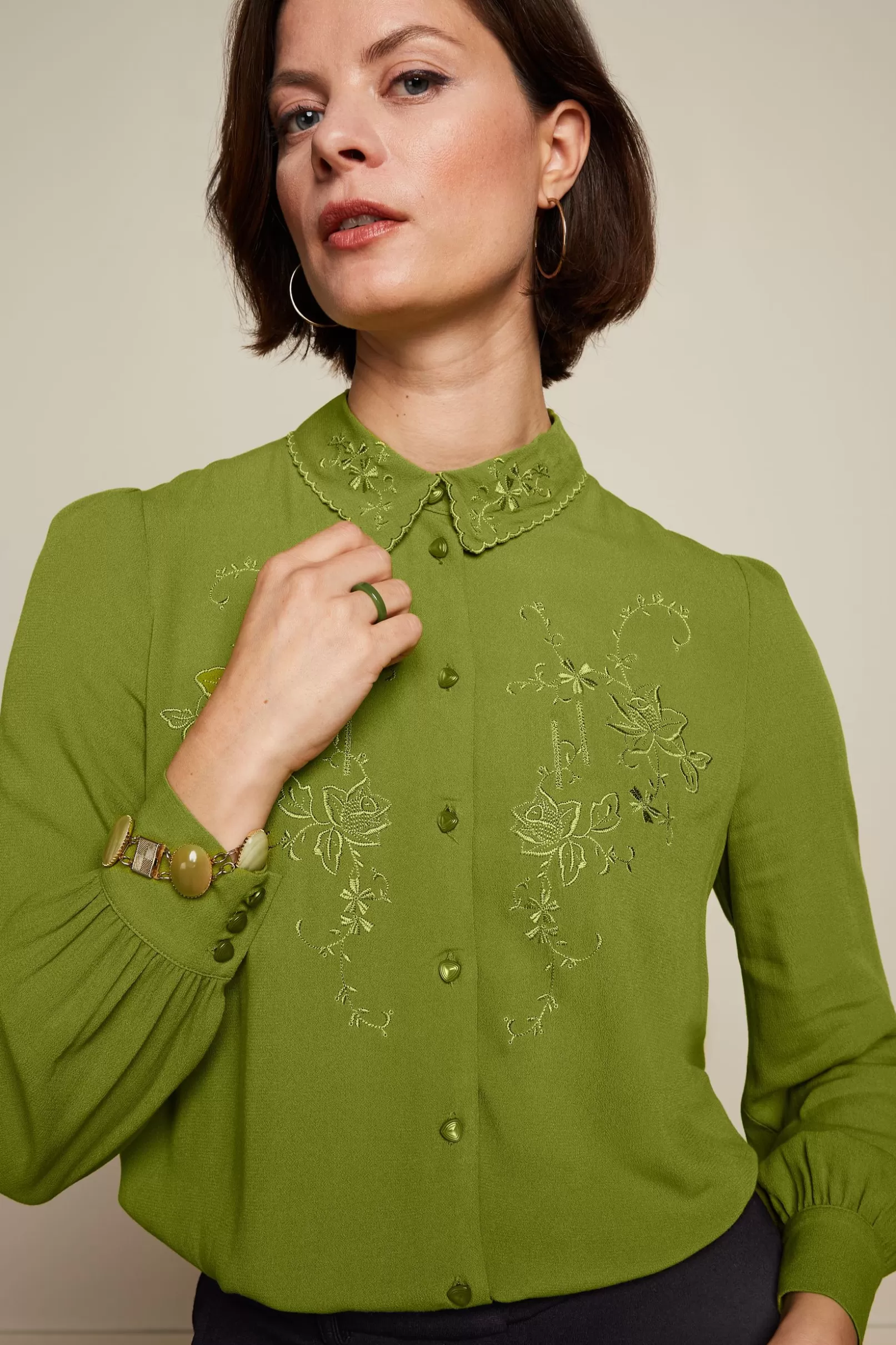 Blouses*King Louie Maisie Blouse Lyonne Embroidery Woodbine Green