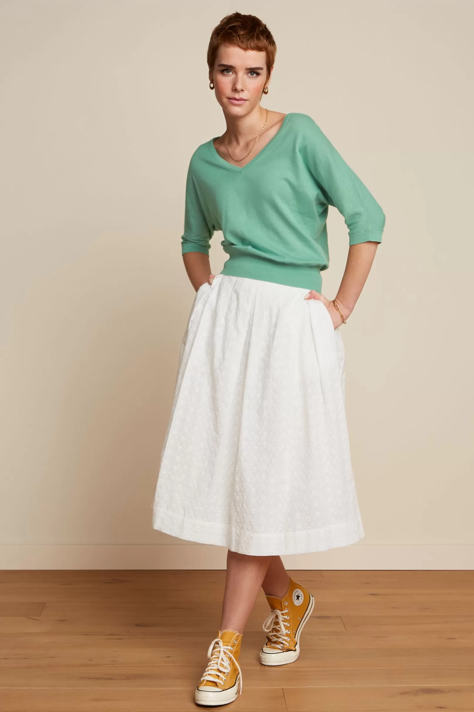 Rokken*King Louie Suzette Pleat Skirt Rosa Broderie Anglaise White